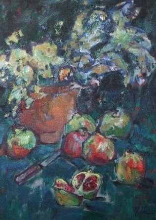 &quot;Bodegón con granadas&quot;, óleo s / t, 98 x 65 cm.